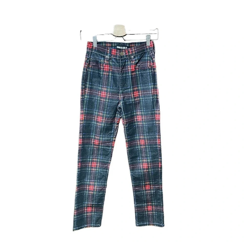 Pam & Gela Tartan Plaid Slim Crop Pant Red Multi‎ Size 25 - Picture 2 of 12